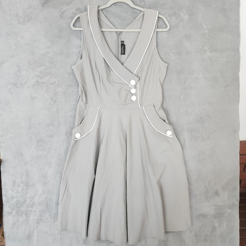Voodoo Vixen Retro Mod 60s Inspired A-Line Dress Taupe Gray White Piping XXL